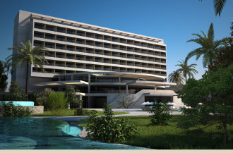 Main building view from bungalows ground floor level.