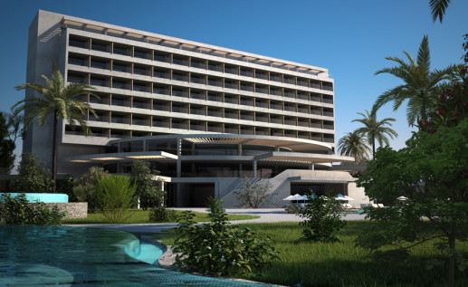 Main building view from bungalows ground floor level.