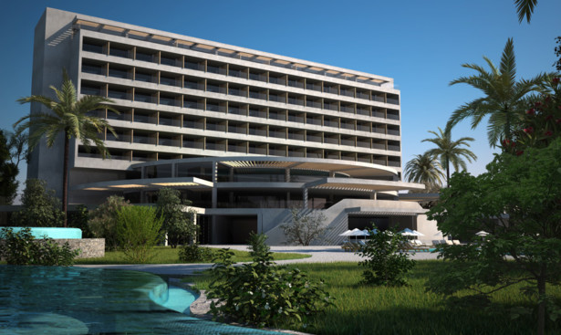 Main building view from bungalows ground floor level.
